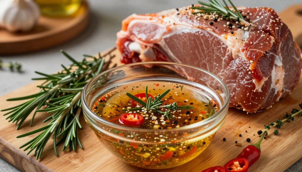 A beautifully arranged scene showcasing a marinated pork dish prepared for roasting. In the foreground, a glass bowl filled with vibrant marinade composed of garlic, herbs, and spices, glistening under soft, warm lighting. Fresh ingredients like sprigs of rosemary, thyme, and slices of chili pepper surround the bowl, creating a colorful contrast. In the middle ground, a well-seasoned pork cut, partially submerged in the marinade, showcases its rich texture and flavor. The background features a wooden cutting board with a rustic kitchen setting, adding warmth and homey charm. The overall mood is inviting and appetizing, highlighting the preparation of a delicious pork meal while ensuring clarity and focus on the marinade ingredients and their importance. Photography style: close-up, natural light, shallow depth of field.