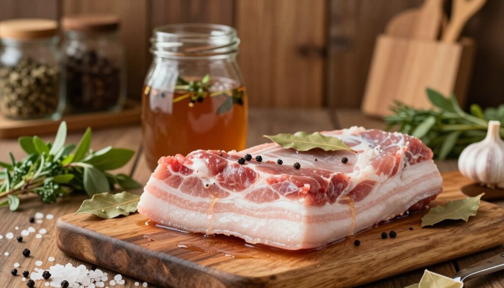 A beautifully arranged scene showcasing a raw pork belly, known as "boczek," submerged in a glistening brine solution, highlighted by herbs and spices like bay leaves, peppercorns, and garlic. In the foreground, the pork belly should be placed on a rustic wooden cutting board, with droplets of the marinade catching the light. Surrounding the cutting board, fresh ingredients such as coarse sea salt and fragrant herbs create a rich sensory vibe. In the middle ground, the brine solution in a glass jar reflects light, suggesting its essential role in the wet curing process. Soft, warm lighting enhances the overall inviting atmosphere, reminiscent of a cozy kitchen. The background should subtly depict wood-paneled shelves with jars of spices and kitchen utensils, adding context without distraction. The composition should convey a sense of culinary artistry and preparation.