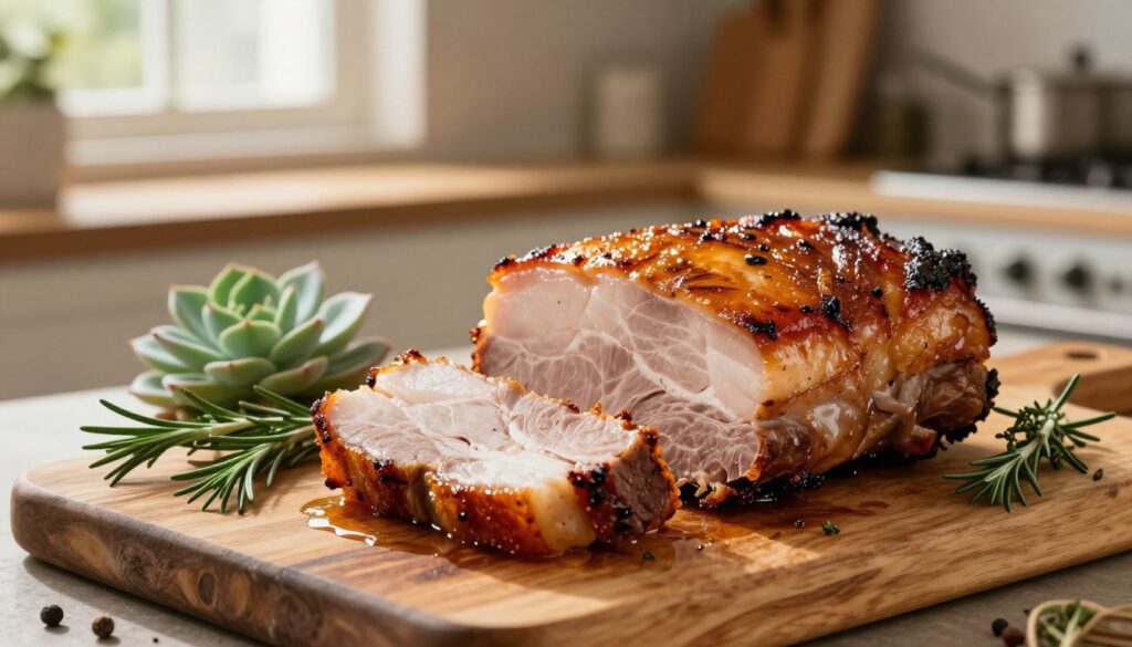 A beautifully arranged scene showcasing a succulent piece of roasted pork belly resting on a rustic wooden cutting board. The foreground features the glistening meat, its crispy skin crackling with golden hues, while juices gently pool around the edges. Surrounding the meat are fresh herbs like rosemary and thyme for added color. In the middle ground, there are sliced pieces of the pork, showcasing the tender, juicy interior with marbling. The background fades softly into a cozy kitchen setting, with warm, inviting lighting emanating from a nearby window, casting gentle shadows. A few kitchen utensils and spices are subtly placed to enhance the atmosphere, evoking a sense of home-cooked comfort and culinary craftsmanship. The overall mood is warm and inviting, perfect for food enthusiasts.