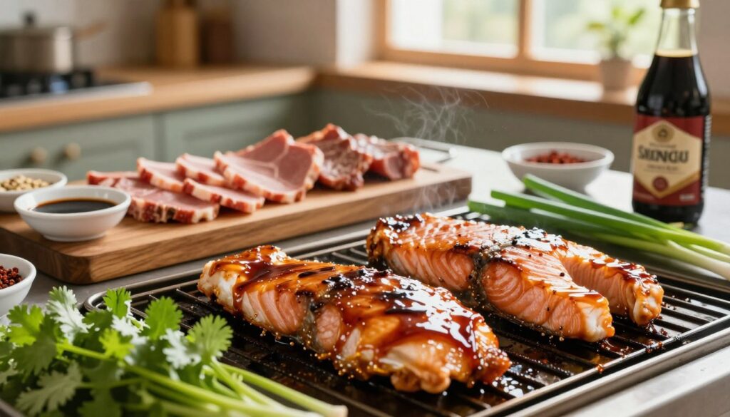 A beautifully arranged scene showcasing a variety of meats and fish marinated and glazed with rich soy sauce. In the foreground, focus on a grill with sizzling pieces of chicken and salmon, glistening with a dark, savory glaze. Surrounding them, fresh herbs like cilantro and green onions add vibrant color. In the middle ground, a wooden cutting board displays thinly sliced meats alongside small bowls of soy sauce and spices, emphasizing preparation. The background features a rustic kitchen setting with warm, natural lighting streaming through a window, creating a cozy atmosphere. The overall mood is inviting and gourmet, perfect for illustrating the culinary uses of soy sauce.