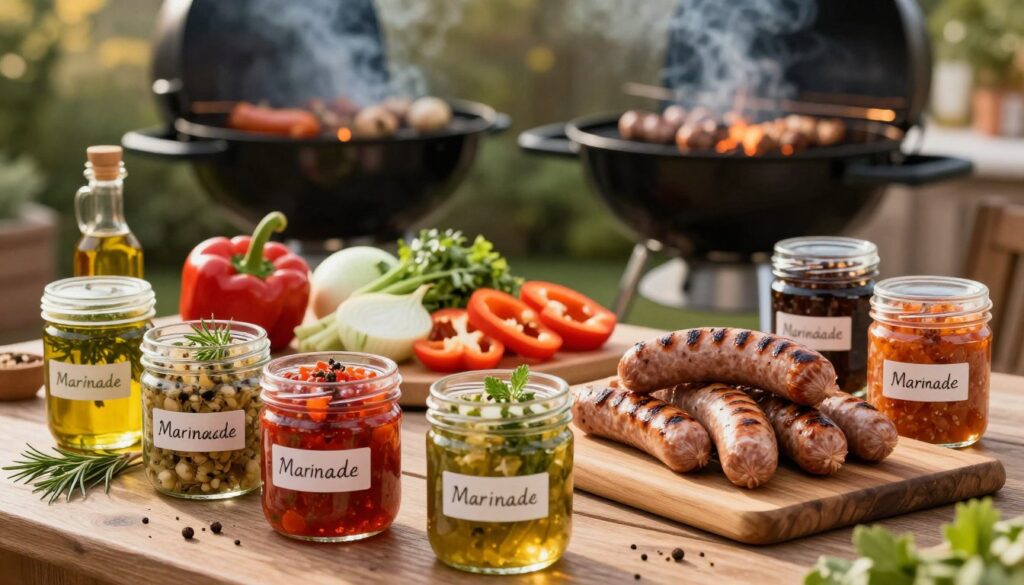 A beautifully arranged scene showcasing an assortment of vibrant, aromatic marinades for grilling meats, specifically focusing on sausage marinades. In the foreground, there are small glass jars filled with colorful marinades featuring ingredients like fresh herbs, garlic, spices, and olive oil, each jar labeled with its flavor. In the middle ground, a wooden cutting board displays freshly cut vegetables, like bell peppers and onions, alongside a selection of sausage links ready for grilling. The background features a softly glowing barbecue grill with smoke gently rising, set in a cozy outdoor patio atmosphere, illuminated by warm, golden evening light. The overall mood is inviting and flavorful, evoking the joy of outdoor cooking and the anticipation of delicious grilled meals.
