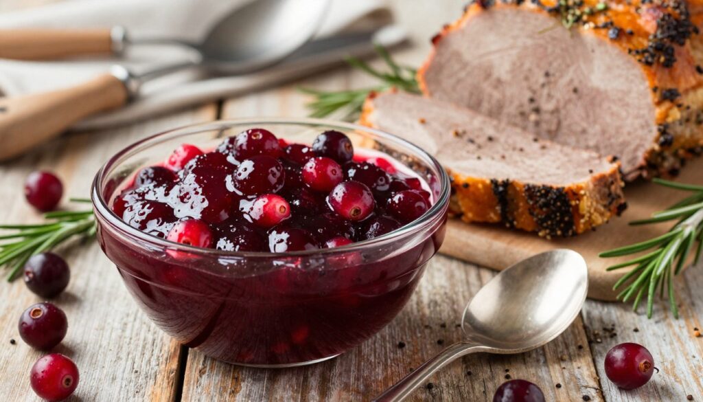 A beautifully arranged scene showcasing homemade cranberry sauce (sos żurawinowy) in a glass bowl, rich in deep red hues with a glossy texture, reflecting its freshness. In the foreground, a silver spoon rests beside the bowl, glistening under warm, soft lighting. The middle ground features slices of perfectly roasted meat, golden-brown with herbs and spices, complementing the sauce. Fresh cranberries and sprigs of rosemary are artfully scattered around for decoration. In the background, a wooden table with a rustic tablecloth and kitchen utensils evokes a cozy, inviting atmosphere. The image captures the essence of a comforting meal, rich in flavor and perfect for serving, with a warm, homey mood.