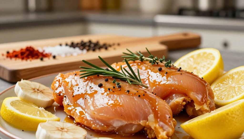 A beautifully arranged scene showcasing marinated chicken breast, highlighting the vibrant colors and textures of the ingredients. In the foreground, a plate of chicken breasts glistens with a rich, glossy marinade, accented by sprigs of fresh herbs like rosemary and thyme. Slices of garlic and bright lemon wedges add color and freshness. In the middle ground, a wooden cutting board is scattered with spices such as paprika, black pepper, and sea salt, creating a sense of preparation. The background features a softly blurred kitchen setting with warm, ambient lighting that evokes a cozy, home-cooking atmosphere. The angle captures the dish from a slightly elevated perspective, emphasizing the inviting composition and the glossy sheen of the marinade. A beautifully arranged scene showcasing marinated chicken breast, highlighting the vibrant colors and textures of the ingredients. In the foreground, a plate of chicken breasts glistens with a rich, glossy marinade, accented by sprigs of fresh herbs like rosemary and thyme. Slices of garlic and bright lemon wedges add color and freshness. In the middle ground, a wooden cutting board is scattered with spices such as paprika, black pepper, and sea salt, creating a sense of preparation. The background features a softly blurred kitchen setting with warm, ambient lighting that evokes a cozy, home-cooking atmosphere. The angle captures the dish from a slightly elevated perspective, emphasizing the inviting composition and the glossy sheen of the marinade.