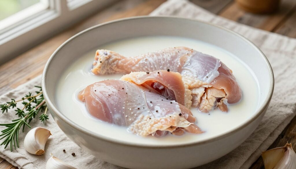 A beautifully arranged scene showcasing marinated chicken in buttermilk. In the foreground, a large ceramic bowl filled with creamy, white buttermilk, surrounded by fresh herbs like thyme and rosemary, along with garlic cloves and a sprinkle of black pepper. In the middle, marinated chicken pieces soaking in the buttermilk, glistening with moisture, showcasing a tender, juicy texture. The background features a rustic wooden table decorated with a light linen cloth, and soft natural light filtering in from a nearby window, creating an inviting, warm atmosphere. The focus is on the ingredients and marination process, evoking a sense of culinary comfort and creativity. The angle is slightly overhead, emphasizing the layers and richness of the dish without any distractions.