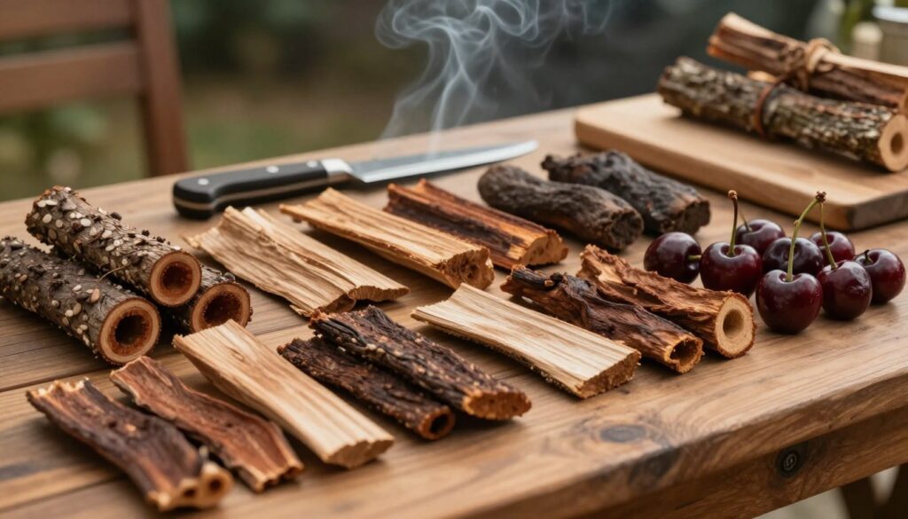 A beautifully arranged selection of aromatic woods suitable for smoking meats, displayed on a rustic wooden table. In the foreground, showcase various types of wood chips and logs, such as hickory, apple, mesquite, and cherry, highlighted with their distinct textures and colors. The middle ground features an artisan knife and a cutting board, giving a sense of preparation and craftsmanship. In the background, a softly lit outdoor setting conveys a warm and inviting atmosphere, possibly with faint wisps of smoke rising in the air. Use warm, natural lighting to evoke a cozy feeling, capturing the essence of traditional smoking techniques. The overall mood is one of rustic charm, perfect for culinary enthusiasts.