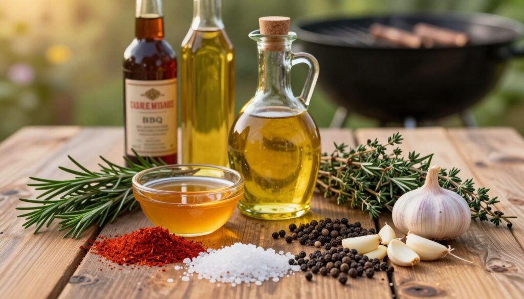 A beautifully arranged selection of essential ingredients for a BBQ marinade, set on a rustic wooden surface. In the foreground, vibrant spices including smoked paprika, coarse sea salt, black pepper, and finely chopped garlic are artfully scattered. A bowl of honey and a bottle of olive oil are positioned in the middle, surrounded by fresh herbs like rosemary and thyme. In the background, soft-focus bottles of vinegar and soy sauce add depth, while an outdoor setting hints at a grill ready for cooking. The warm, golden light bathes the scene, creating an inviting, mouth-watering atmosphere that emphasizes the culinary theme.