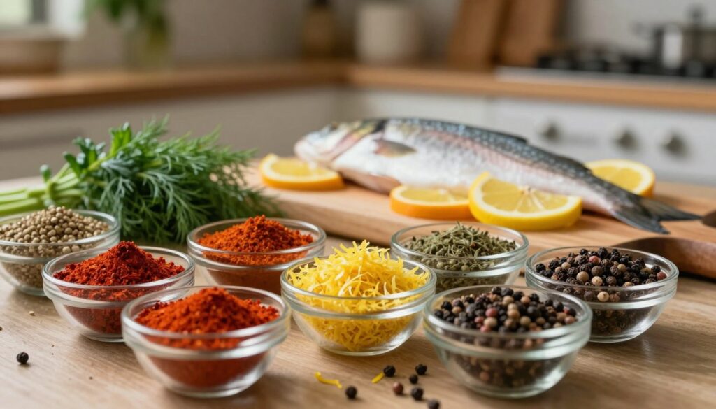 A beautifully arranged selection of fish spices and seasonings, prominently featuring vibrant colors and textures. Display various spices like paprika, dill, lemon zest, and crushed peppercorns in small glass bowls, along with fresh herbs. The foreground highlights the spices with a slight sheen, capturing the light to emphasize their freshness. In the middle ground, a wooden cutting board with a neatly filleted fish, garnished with citrus slices. The background fades softly, showcasing a warm kitchen ambiance with blurred hints of herbs hanging and kitchen utensils, creating a cozy atmosphere. The scene is illuminated by soft, natural lighting with a focus on the spices, conveying a sense of warmth and culinary creativity. The overall mood is inviting and flavorful, perfect for enhancing a dish.