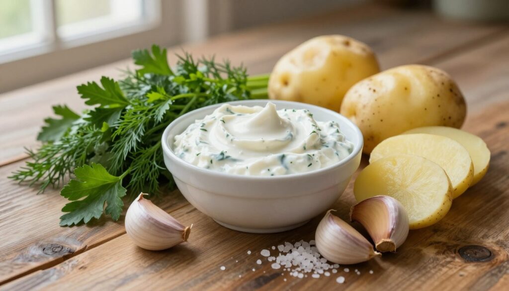 A beautifully arranged selection of ingredients for a creamy garlic herb dip, featuring a small bowl of thick, white sour cream at the center. Surrounding the bowl are fresh herbs like parsley and dill, a couple of cloves of garlic, and a sprinkle of coarse sea salt. Add a few sliced potatoes on the side, indicating they can be dipped. The background consists of a rustic wooden table, softly lit by warm natural light coming from a nearby window, creating a cozy and inviting atmosphere. The focus should be on the vibrant colors and textures of the ingredients, captured from a slightly elevated angle to emphasize the depth and arrangement.