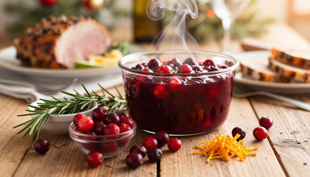 A beautifully arranged selection of ingredients for making a cranberry sauce, displayed on a rustic wooden table. In the foreground, vibrant red cranberries, a small bowl of fresh rosemary, and a cluster of orange zest stand out, glistening in soft natural light. The middle layer features a pot filled with simmering cranberry sauce, with smoke gently rising, capturing a warm and inviting atmosphere. In the background, a blurred out festive dinner setting is visible, including plates of roasted meat and seasonal decorations, reinforcing the theme of a warm gathering. The scene is bathed in a golden-hour glow, creating a cozy mood that evokes the comfort of home cooking.
