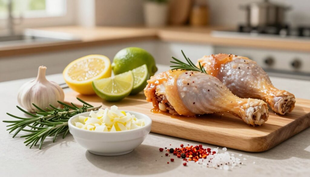A beautifully arranged selection of marinade ingredients for chicken leg quarters, featuring vibrant herbs and spices. In the foreground, a small bowl holds freshly chopped garlic and ginger, surrounded by sprigs of rosemary and thyme. Bright red chili flakes and coarse sea salt are artfully scattered nearby, hinting at flavor. In the middle ground, a cutting board showcases sliced lemons and limes, their yellow and green hues offering a pop of color. The background reveals a blurred kitchen setting, warm and inviting, with soft, natural lighting streaming through a nearby window, casting gentle shadows. The mood is cozy and culinary, evoking a sense of anticipation for a delicious home-cooked meal.