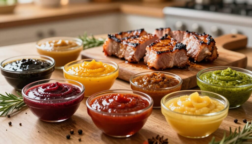 A beautifully arranged selection of various marinating sauces for grilled pork, elegantly displayed in glass bowls. The foreground features rich, vibrant marinades in colors like deep red, golden yellow, and bright green, with fresh herbs and spices scattered around. In the middle ground, a rustic wooden cutting board showcases marinated pork steaks glistening in the sunlight. The background softly fades into a warm, inviting kitchen atmosphere, with gentle ambient lighting casting a cozy glow over the scene. The angle is slightly above eye level, capturing the texture and vibrant colors of the marinades while creating a mouthwatering appeal. The overall mood is appetizing and rustic, evoking the joy of cooking and the tantalizing flavors of diverse marinades.