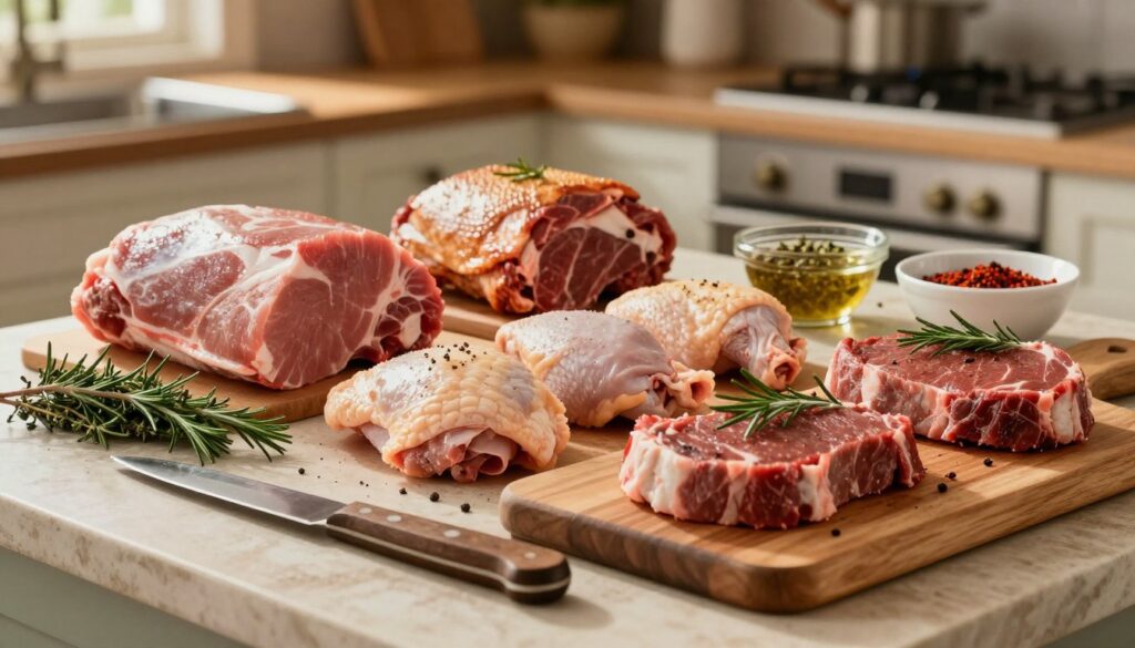 A beautifully arranged selection of various meats suitable for roasting, including a well-marbled pork shoulder, juicy chicken thighs, and seasoned beef steaks. The foreground features a wooden cutting board with a knife and fresh herbs like rosemary and thyme scattered around. In the middle, a rustic kitchen countertop with a few bowls of spices and marinades, emphasizing the preparation stage. The background shows a warm, inviting kitchen with soft, diffused lighting, creating an atmosphere of comfort and homeliness. The scene is shot at eye level with a shallow depth of field, focusing on the vibrant textures and colors of the meats and ingredients, evoking a sense of culinary artistry and anticipation for a hearty meal.
