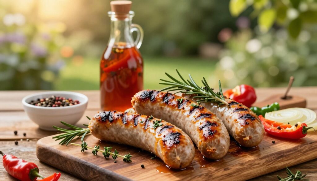 A beautifully arranged setting showcasing mouth-watering grilled sausages (kiełbasa) on a rustic wooden table. In the foreground, golden-brown sausages sizzle with visible grill marks, garnished with fresh herbs like rosemary and thyme. Juicy peppers and onions are subtly placed alongside them, adding color and vibrancy. In the middle ground, a bottle of rich, homemade marinade sits artfully beside a small bowl filled with a variety of spices, hinting at flavors being invoked. The background features a softly blurred summer garden, dappled with warm sunlight filtering through the leaves, creating an inviting atmosphere. The image should convey a sense of warmth, culinary delight, and festivity, with a shallow depth of field focusing on the delicious food.