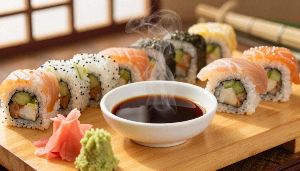 A beautifully arranged sushi platter featuring various types of sushi rolls, prominently showcasing a small, elegant dipping bowl of rich, dark soy sauce. The foreground displays fresh sushi pieces, garnished with wasabi and pickled ginger, arranged on a wooden serving board. In the middle, the glossy soy sauce glimmers invitingly, with delicate steam rising subtly above it, suggesting its rich aroma. The background features a soft-focus traditional Japanese setting, such as bamboo and rice paper, creating an authentic ambiance. Warm, natural lighting enhances the colors and textures of the sushi and sauce, evoking a feeling of warmth and indulgence. The overall mood captures the essence of dining elegance, inviting viewers to appreciate the authenticity of original soy sauce served with sushi.