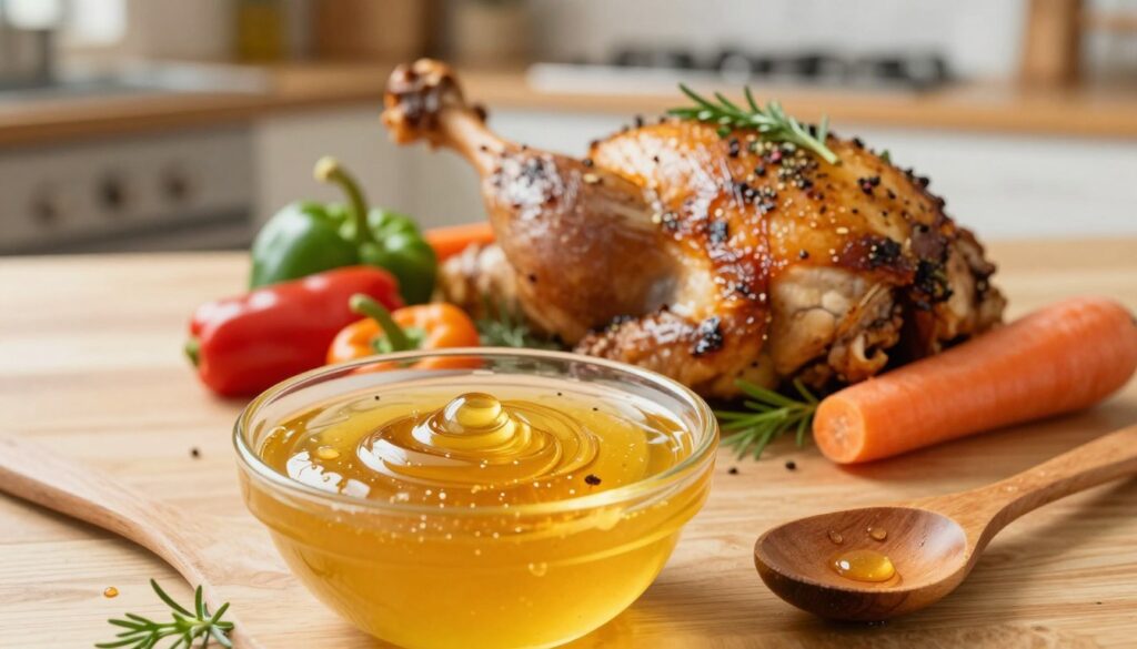 A beautifully arranged table featuring a small bowl of honey-mustard marinade, showcasing its vibrant golden color and glossy texture. In the foreground, a wooden spoon rests beside the bowl, with droplets of marinade glistening. The middle ground displays a marinated turkey leg, garnished with fresh herbs and spices, surrounded by colorful vegetables such as bell peppers and carrots. The background consists of a softly blurred kitchen setting, with warm lighting illuminating the scene, creating a cozy and inviting atmosphere. The angle captures the essence of a homey cooking experience, enhancing the focus on the marinade and its ingredients. The overall mood should evoke a sense of culinary delight and healthy eating.