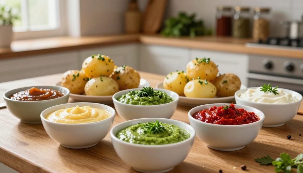 A beautifully arranged table featuring a variety of colorful sauces for potatoes, each in small, elegant bowls. The foreground showcases rich, creamy sauces in vibrant colors: a golden garlic sauce, a bright green herb sauce, a deep red paprika sauce, and a creamy white sauce with chives. In the middle ground, there are servings of perfectly cooked potatoes, garnished with fresh herbs, adding a touch of freshness. The background displays a rustic kitchen setting with wooden shelves lined with spices and herbs, softly illuminated by warm, natural light streaming in through a nearby window. The overall mood is inviting and cozy, encouraging the viewer to explore different flavor combinations.