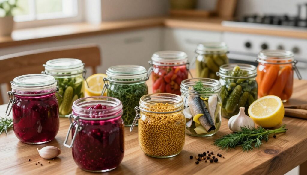 A beautifully arranged table featuring an array of colorful pickled vegetables and herbs, showcasing different marinades for herring. In the foreground, close-up jars filled with vibrant marinades like beetroot, mustard seed, and dill are artistically displayed. The middle ground presents fresh ingredients such as sliced lemon, garlic cloves, and various spices, highlighting ways to enhance flavor. The background consists of a softly lit kitchen setting with rustic wooden accents, creating a warm and inviting atmosphere. The lighting is natural, filtered through a nearby window, giving a cozy, homey feel. Capture this scene from a slight overhead angle for depth, emphasizing the intricate details and textures of the food, evoking creativity and inspiration for flavor enhancement.