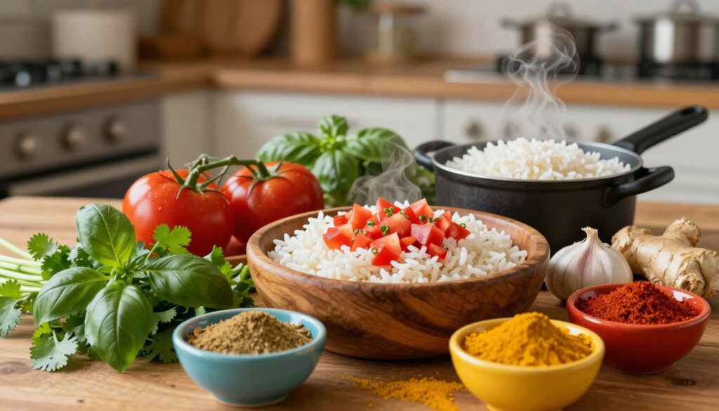 A beautifully arranged table featuring an assortment of classic and exotic flavor inspirations for a rice sauce. In the foreground, a vibrant array of fresh herbs like cilantro and basil, alongside spices in colorful bowls—cumin, turmeric, and paprika. In the middle, a rustic wooden bowl filled with prepared ingredients like chopped tomatoes, garlic, and ginger, and a small pot of steaming rice. The background is softly blurred, showcasing an inviting kitchen setting with warm lighting, giving a homey and comfortable atmosphere. The overall color palette is rich and inviting, conveying a sense of adventure in cooking. The composition is shot from a slightly elevated angle, focusing on the textures and colors of the ingredients, creating an appetizing and inspiring scene.