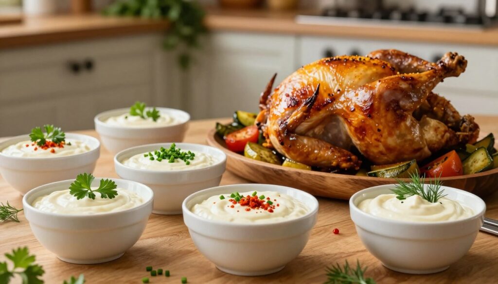 A beautifully arranged table setting showcasing a variety of creamy white sauces, inspired by "sos śmietanowy," intended for chicken dishes. In the foreground, several small bowls filled with sauces, each decorated with fresh herbs like parsley, chives, and dill, and garnished with a sprinkle of paprika for color. In the middle ground, a delicious roasted chicken served on a wooden platter, accompanied by a side of seasonal roasted vegetables, all softly glistening under warm, inviting kitchen light. The background features a softly blurred kitchen scene with rustic wooden cabinets and herbs hanging, evoking a cozy, home-cooked atmosphere. The image should have a warm color palette to enhance the inviting feel. Use a shallow depth of field to emphasize the saucy details in the foreground, capturing the essence of flavor and comfort.