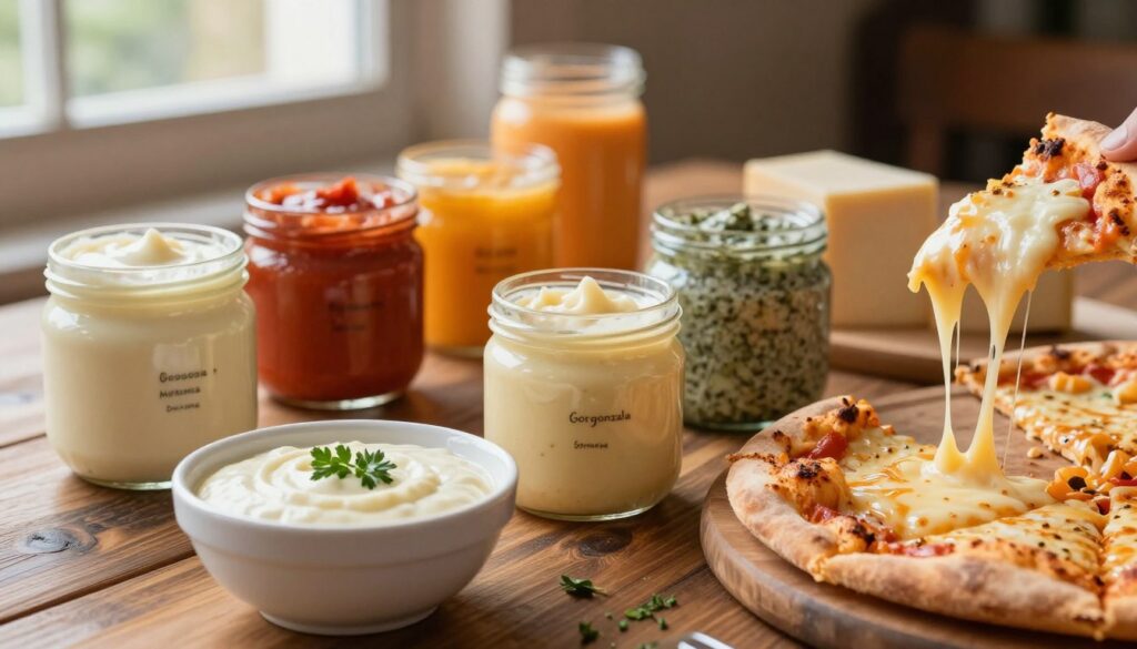 A beautifully arranged table showcasing a variety of cheese sauces for pizza, capturing the essence of different flavors. In the foreground, a creamy cheese sauce in a small white bowl, garnished with fresh herbs. Nearby, melted cheese drizzling from a slice of pizza, highlighting the richness of the sauce. In the middle, there are several jars containing colorful, textured cheese sauces made from mozzarella, cheddar, gorgonzola, and parmesan, each labeled with subtle visual cues. The background features a rustic wooden table, softly illuminated by warm, natural light filtering through a nearby window, creating an inviting and cozy atmosphere. The focus is sharp on the cheese sauces, with a gentle bokeh effect blurring the edges, adding depth to the composition, evoking a sense of gourmet indulgence and culinary creativity.
