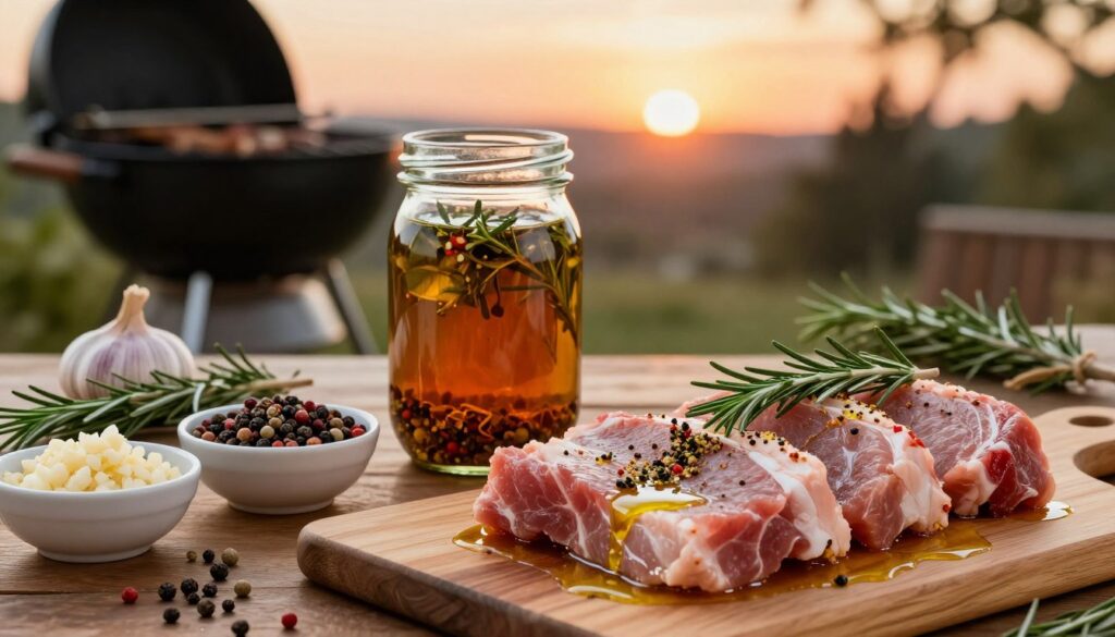 A beautifully arranged table showcasing the key principles of marinating pork tenderloin. In the foreground, a cutting board displays marinated pork tenderloin seasoned with vibrant herbs and spices, glistening with olive oil. Beside it, bowls of fresh ingredients like minced garlic, rosemary, and a blend of colorful peppercorns create an inviting atmosphere. In the middle, a glass jar filled with a rich marinade, showcasing layers of spices and herbs, reflects soft, warm lighting, emphasizing the depth of flavors. In the background, a grill set against a sunset offers a cozy, outdoor cooking vibe. The overall mood is warm and inviting, evoking the anticipation of delicious grilling. The lens focuses on the marinating process with a shallow depth of field, creating a soft blur in the background while highlighting the vibrant colors and textures of the marinade components. A beautifully arranged table showcasing the key principles of marinating pork tenderloin. In the foreground, a cutting board displays marinated pork tenderloin seasoned with vibrant herbs and spices, glistening with olive oil. Beside it, bowls of fresh ingredients like minced garlic, rosemary, and a blend of colorful peppercorns create an inviting atmosphere. In the middle, a glass jar filled with a rich marinade, showcasing layers of spices and herbs, reflects soft, warm lighting, emphasizing the depth of flavors. In the background, a grill set against a sunset offers a cozy, outdoor cooking vibe. The overall mood is warm and inviting, evoking the anticipation of delicious grilling. The lens focuses on the marinating process with a shallow depth of field, creating a soft blur in the background while highlighting the vibrant colors and textures of the marinade components.