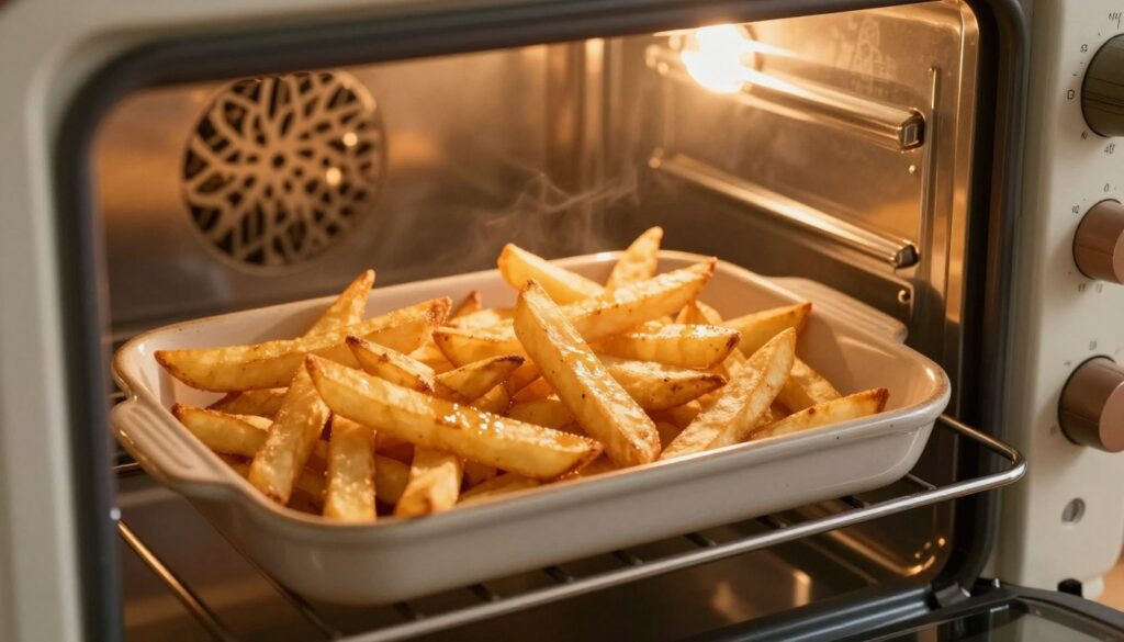 A beautifully arranged tray of golden, crispy fries baking in a modern oven. The fries, perfectly golden with a slight sheen of oil, are displayed in a rustic ceramic dish. The oven is partially open, revealing a warm, inviting glow that highlights the texture of the fries. Soft shadows play across the tray, suggesting a homely kitchen atmosphere. In the background, kitchen utensils and a cozy wall with subtle kitchen decor create a warm ambiance. The lighting is warm and inviting, emphasizing the crispy texture of the fries. The scene conveys a sense of anticipation, as if the viewer can almost smell the delicious aroma wafting from the oven. The angle captures both the fries and the oven’s interior. A beautifully arranged tray of golden, crispy fries baking in a modern oven. The fries, perfectly golden with a slight sheen of oil, are displayed in a rustic ceramic dish. The oven is partially open, revealing a warm, inviting glow that highlights the texture of the fries. Soft shadows play across the tray, suggesting a homely kitchen atmosphere. In the background, kitchen utensils and a cozy wall with subtle kitchen decor create a warm ambiance. The lighting is warm and inviting, emphasizing the crispy texture of the fries. The scene conveys a sense of anticipation, as if the viewer can almost smell the delicious aroma wafting from the oven. The angle captures both the fries and the oven’s interior.