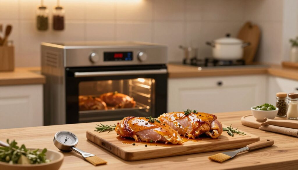 A beautifully arranged workspace featuring marinated turkey breasts ready for thermal processing techniques. In the foreground, a wooden cutting board displays glistening, marinated turkey breasts, garnished with fresh herbs, surrounded by essential cooking tools like a meat thermometer and a basting brush. The middle ground showcases an oven set to the perfect temperature, with a digital display clearly visible. In the background, a softly illuminated kitchen with hanging spice jars and pots creates an inviting atmosphere. Warm, ambient lighting casts gentle shadows, highlighting the textures of the meat and the kitchen environment. The scene evokes a sense of culinary professionalism, emphasizing the tenderness and flavor retention achieved through proper thermal treatment of marinated turkey meat.