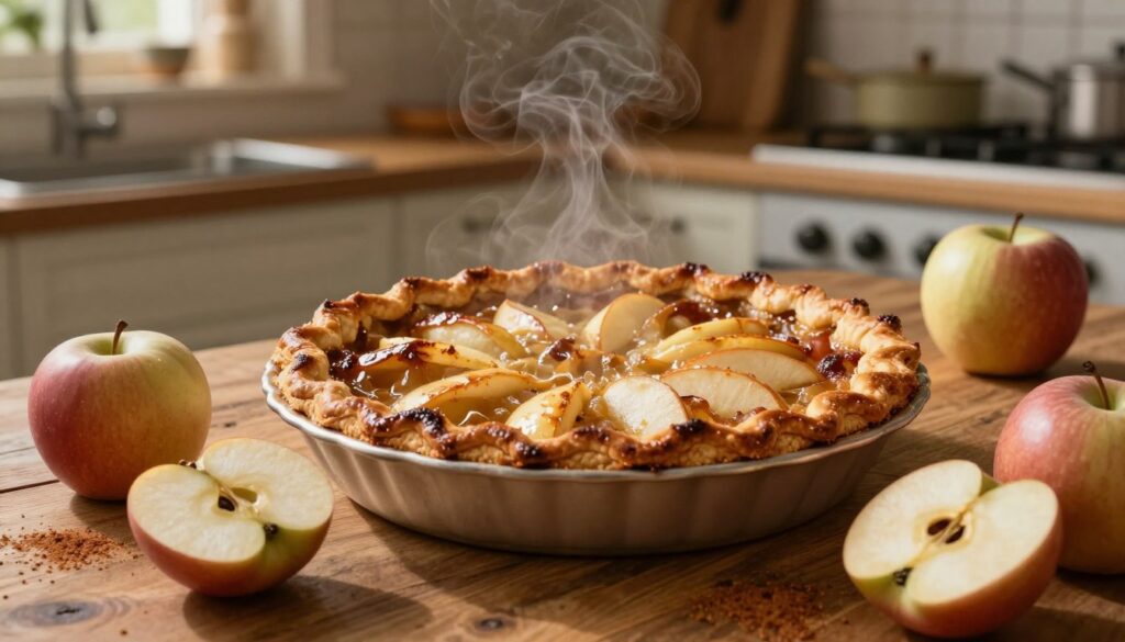 A beautifully baked apple pie cooling on a rustic wooden kitchen table, featuring a perfectly golden-brown flaky crust with hints of caramelization and steam gently rising from the warm filling. The pie is surrounded by fresh, sliced apples and a sprinkle of cinnamon, showcasing the juicy apple filling inside. In the background, a classic farmhouse-style kitchen with warm ambient lighting casts a cozy glow, highlighting utensils and baking ingredients on a shelf. The scene is inviting and homely, evoking the warmth and comfort of traditional baking. Shot at a slight top-down angle with soft focus on the background, creating an intimate, mouthwatering atmosphere ideal for enticing readers. A beautifully baked apple pie cooling on a rustic wooden kitchen table, featuring a perfectly golden-brown flaky crust with hints of caramelization and steam gently rising from the warm filling. The pie is surrounded by fresh, sliced apples and a sprinkle of cinnamon, showcasing the juicy apple filling inside. In the background, a classic farmhouse-style kitchen with warm ambient lighting casts a cozy glow, highlighting utensils and baking ingredients on a shelf. The scene is inviting and homely, evoking the warmth and comfort of traditional baking. Shot at a slight top-down angle with soft focus on the background, creating an intimate, mouthwatering atmosphere ideal for enticing readers.