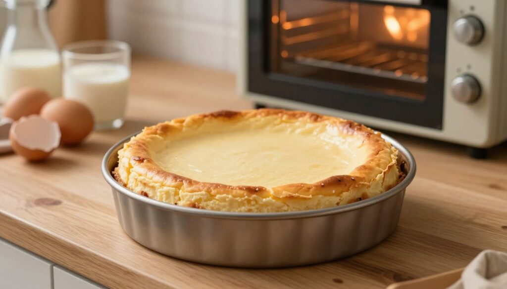 A beautifully baked cheesecake in a round springform pan sits on a wooden kitchen countertop, with a soft golden brown crust. The cheesecake has a smooth, creamy texture, slightly cracked at the edges, indicating it's been baked to perfection. In the background, an oven with the door slightly ajar glows softly, revealing a warm orange light, symbolizing the ideal baking temperature. Fresh ingredients, like eggs and cream, are scattered around the countertop, hinting at the baking process. The scene is warmly lit, creating an inviting atmosphere, evoking a sense of home and comfort. A gentle bokeh effect enhances the focus on the cheesecake, while soft shadows add depth to the image, making it feel warm and inviting. The composition is shot from a slightly elevated angle, capturing the richness and texture of the cheesecake.