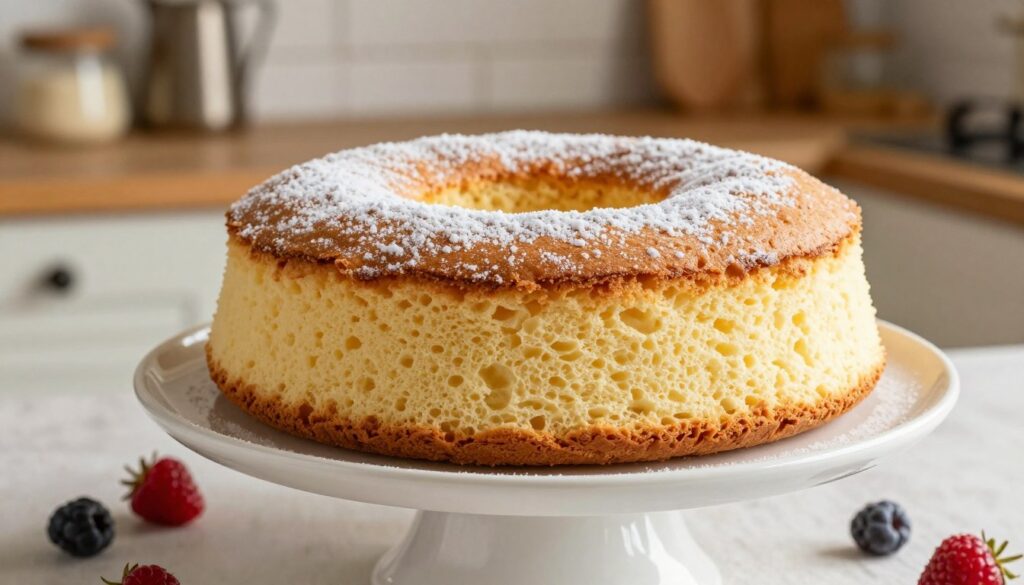 A beautifully baked fluffy sponge cake, known as "puszysty biszkopt," sits elegantly on a delicate porcelain cake stand. The cake is golden-brown on top, dusted lightly with confectioners' sugar, showcasing its airy and moist texture. In the foreground, soft, natural lighting highlights the cake’s soft crumb and inviting interior, inviting the viewer to imagine its taste. In the middle ground, a few fresh berries are playfully scattered around the cake, enhancing its visual appeal. The background features a rustic kitchen setting with wooden shelves and baking tools, evoking a warm, homely atmosphere. The angle is slightly elevated, focusing on the cake while capturing the inviting environment. The overall mood is cozy and delightful, perfect for showcasing a mouthwatering dessert.