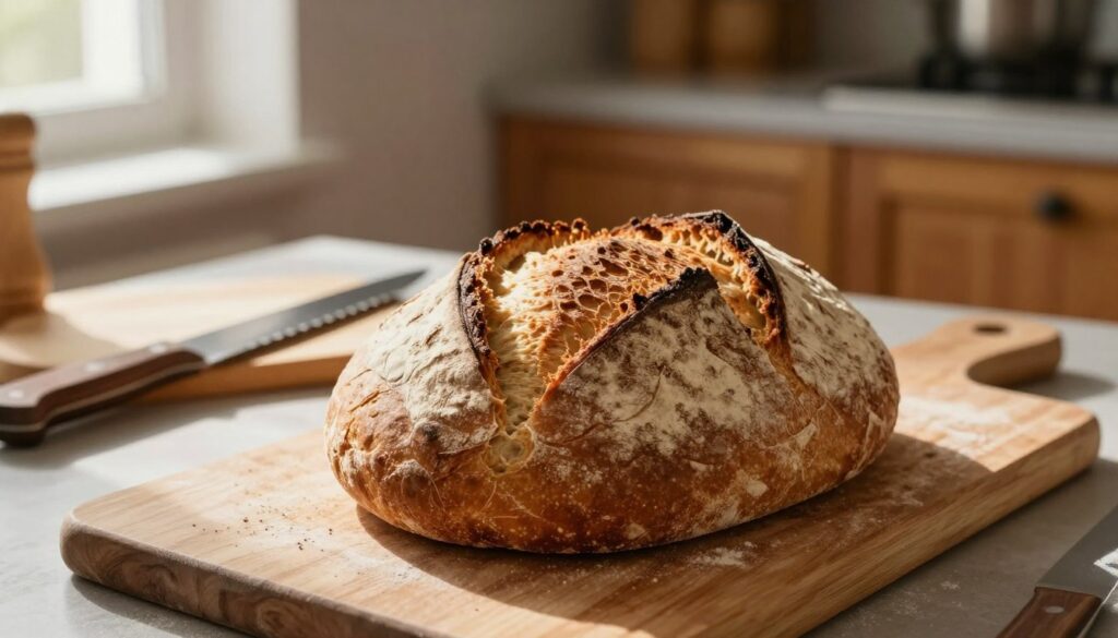 A beautifully baked loaf of chleb pszenny, golden-brown crust with a rustic texture, placed prominently in the foreground. The middle ground features a wooden cutting board with a serrated knife beside the bread, suggesting a recently sliced loaf. The background is a softly lit kitchen setting, with warm wooden cabinets and subtle hints of baking tools, like flour and a mixing bowl, creating an inviting atmosphere. The scene is illuminated by natural light streaming through a nearby window, casting gentle shadows. The mood is warm and homely, emphasizing the comforting process of baking bread. Capture this moment with a slight overhead angle, focusing on the loaf and its inviting texture. A beautifully baked loaf of chleb pszenny, golden-brown crust with a rustic texture, placed prominently in the foreground. The middle ground features a wooden cutting board with a serrated knife beside the bread, suggesting a recently sliced loaf. The background is a softly lit kitchen setting, with warm wooden cabinets and subtle hints of baking tools, like flour and a mixing bowl, creating an inviting atmosphere. The scene is illuminated by natural light streaming through a nearby window, casting gentle shadows. The mood is warm and homely, emphasizing the comforting process of baking bread. Capture this moment with a slight overhead angle, focusing on the loaf and its inviting texture.