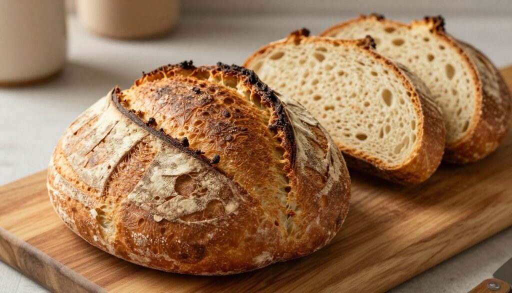 A beautifully baked loaf of sourdough bread, showcasing a golden-brown, crispy crust with distinct artisan scoring. The foreground focuses on the crust's texture, emphasizing its crunchiness and irregular bubbles. In the middle ground, slices of the bread reveal soft, fluffy interior with an airy crumb structure. The background features a rustic wooden cutting board and an elegant kitchen setting, softly illuminated by warm, diffused lighting, highlighting the inviting atmosphere. Capture this scene at a slight overhead angle to enhance the details of the crust while maintaining a serene and cozy vibe. The overall mood should evoke warmth, comfort, and the satisfaction of homemade baking.