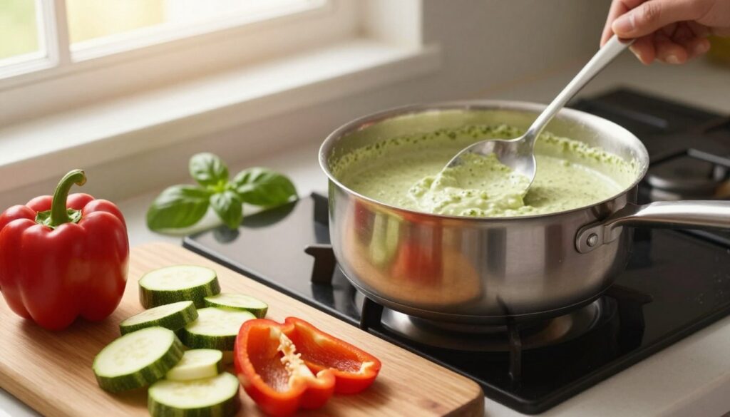 A beautifully composed kitchen scene showcasing the process of achieving the perfect sauce consistency. In the foreground, a wooden cutting board displays freshly chopped zucchini and bell peppers, vibrant and colorful, with a silver saucepan on a stovetop, gently simmering. The middle layer features a stirring spoon, half-submerged in a creamy, light green sauce, indicating the texture we aim for. The background reveals soft, warm lighting from a nearby window, casting an inviting glow over the scene and emphasizing the freshness of the ingredients. A hint of basil leaves rests beside the pot, enhancing the overall aroma and mood of a cozy, healthy cooking atmosphere. The angle captures the action from slightly above, offering a top-down perspective while maintaining a focus on the sauce's rich, velvety consistency. A beautifully composed kitchen scene showcasing the process of achieving the perfect sauce consistency. In the foreground, a wooden cutting board displays freshly chopped zucchini and bell peppers, vibrant and colorful, with a silver saucepan on a stovetop, gently simmering. The middle layer features a stirring spoon, half-submerged in a creamy, light green sauce, indicating the texture we aim for. The background reveals soft, warm lighting from a nearby window, casting an inviting glow over the scene and emphasizing the freshness of the ingredients. A hint of basil leaves rests beside the pot, enhancing the overall aroma and mood of a cozy, healthy cooking atmosphere. The angle captures the action from slightly above, offering a top-down perspective while maintaining a focus on the sauce's rich, velvety consistency.