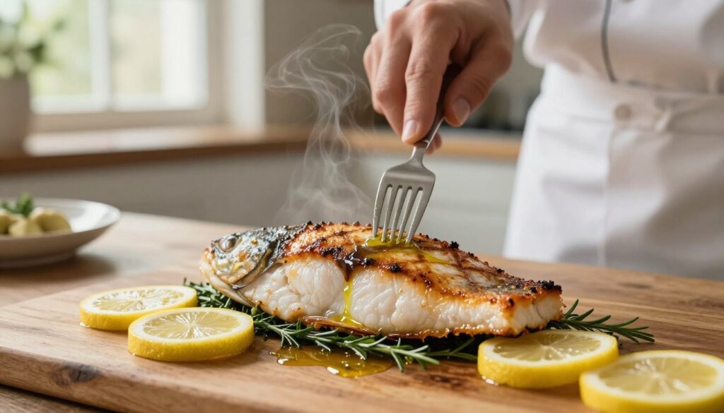 A beautifully cooked fish served on a rustic wooden table, showcasing golden-brown grilled fillets with a crispy skin, resting on a bed of garnished herbs and lemon slices. In the foreground, there is a close-up view of the fish, glistening with a light drizzle of olive oil, capturing the steam rising, indicating freshness. The middle ground features a chef's hand gently flaking the fish with a fork, showcasing its tender texture. In the background, soft natural light filters through a kitchen window, creating a warm, inviting atmosphere. The scene is styled elegantly, evoking a sense of appreciation for perfectly cooked fish while emphasizing the importance of doneness in fish preparation.