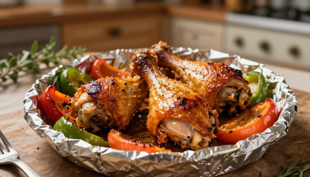 A beautifully cooked plate of chicken drumsticks, glistening with a golden-brown crispy skin that shows caramelization from roasting in a foil pouch. Each drumstick is succulent and juicy, surrounded by vibrant, roasted vegetables like bell peppers and carrots, all exuding a mouthwatering aroma. In the foreground, the focus is on the drumsticks, highlighting their texture and sheen under warm, inviting kitchen lighting. The background features a softly blurred kitchen setting with rustic elements, such as wooden cabinets and herbs, evoking a cozy home atmosphere. Capture the scene from a slightly elevated angle to showcase the tenderness and flavor of the dish, while casting gentle shadows to enhance depth and warmth in the image.