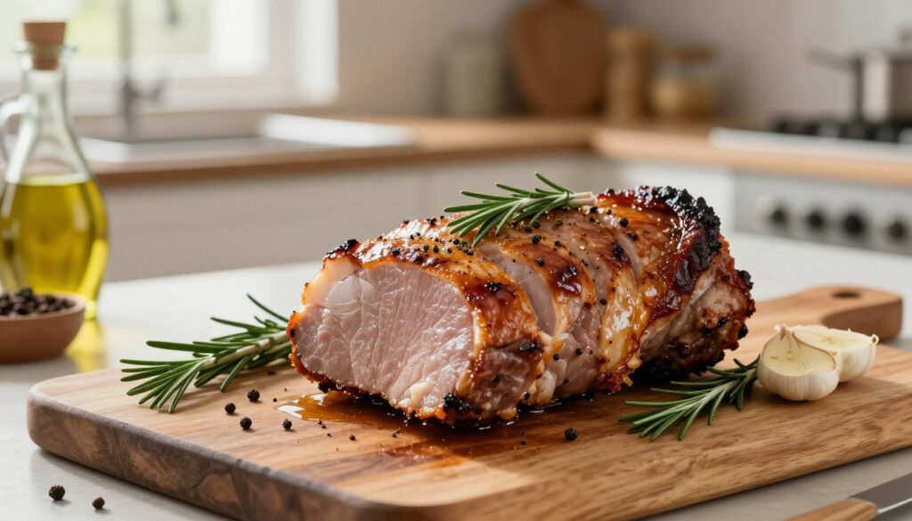 A beautifully cooked pork loin, "schab," seasoned with aromatic herbs and spices, lies on a rustic wooden cutting board. The foreground captures the juicy, caramelized exterior, glistening in natural light, highlighting the delicious crust. A sprig of fresh rosemary and slices of garlic surround the pork, emphasizing its savory preparation. In the middle ground, a modern kitchen counter adorned with various spices and marinade ingredients, such as olive oil and peppercorns, evokes a sense of home cooking. The background reveals soft, blurred kitchen elements—a gentle glow from a window suggesting a warm, inviting atmosphere. The image is softly lit, enhancing the rich, earthy tones of the meat. The overall mood reflects comfort and culinary passion, inviting viewers into the process of preparing this delightful dish.