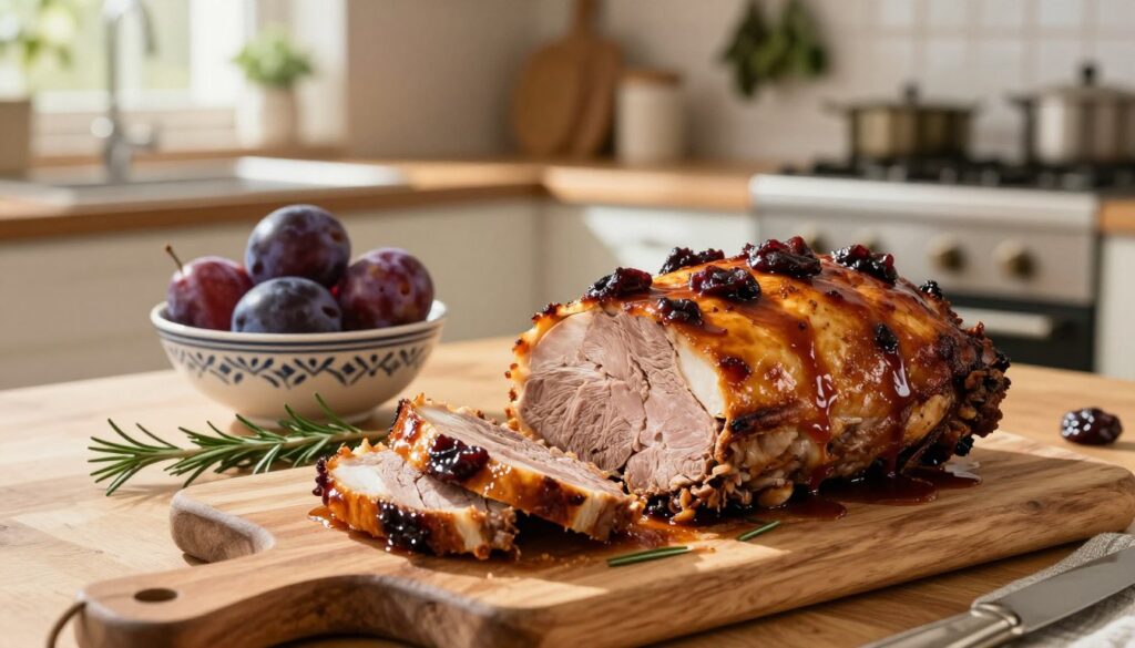 A beautifully cooked schab pieczony, garnished with a rich prune glaze, placed on a rustic wooden cutting board in a home kitchen setting. The foreground features the golden-brown, glistening surface of the pork, with sliced pieces revealing juicy, tender meat inside. In the middle, a decorative bowl of plums and a few sprigs of rosemary complement the dish. The background showcases a softly lit kitchen with warm tones, including an oven and herbs hanging. Natural light streams in through a window, casting gentle shadows, creating a cozy and inviting atmosphere, suitable for illustrating domestic cooking. The composition should evoke warmth and comfort, focusing on the mouthwatering details of the dish.