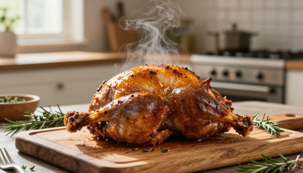 A beautifully cooked turkey leg, glistening with a rich, golden-brown marinade glaze, is the centerpiece. The foreground showcases the turkey leg resting on a rustic wooden cutting board, steam gently rising. In the middle ground, fresh herbs like rosemary and thyme are scattered around, enhancing the appetizing visual. The background features a cozy kitchen setting with a softly glowing oven, baking essentials visible but blurred, creating a warm atmosphere. Natural light streams in from a nearby window, casting gentle shadows, enhancing the textures of the meat and herbs. The overall mood is inviting and homely, perfect for a culinary scene focused on roasting techniques.