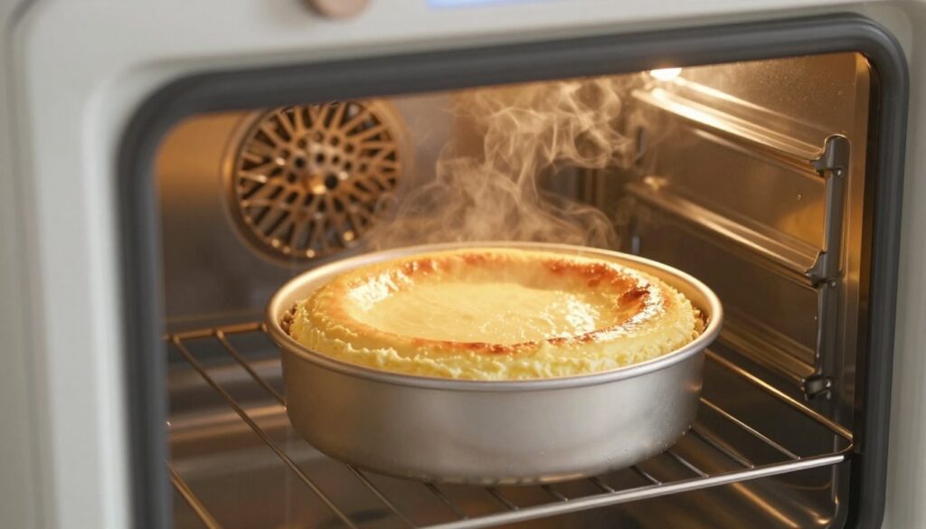 A beautifully decorated cheesecake sitting in a water bath inside a modern oven, showcasing the technique of baking in a bain-marie. In the foreground, the cheesecake is perfectly golden on top, with a smooth creamy texture visible around the edges. The middle ground features the oven door slightly ajar, revealing steam rising from the water bath, creating a warm, inviting atmosphere. The background includes soft ambient lighting illuminating the interior of the oven, emphasizing the gentle heat. The image has a comforting and homely feel, highlighting the meticulous process of water bath baking, ideal for a cozy kitchen environment.
