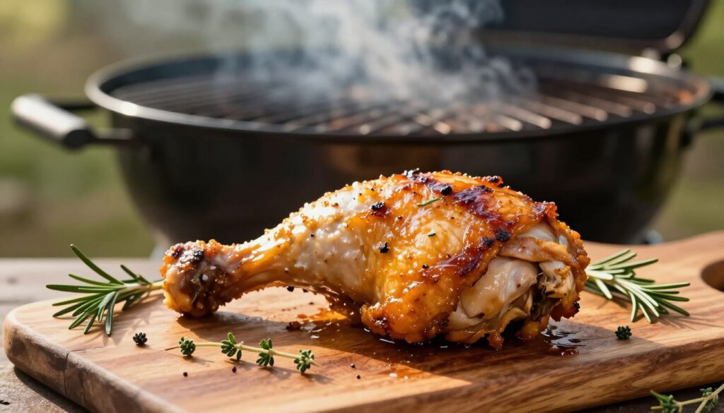 A beautifully grilled chicken drumstick, glistening with a golden, crispy skin, is the focal point of the image. The chicken is laid on a rustic wooden platter, garnished with sprigs of fresh herbs, like rosemary and thyme, enhancing its appeal. In the background, a barbecue grill is subtly visible, with hints of smoky steam wafting up, adding a warm, inviting atmosphere. The lighting is warm and natural, mimicking late afternoon sunlight that highlights the textures of the chicken. A shallow depth of field focuses on the savory details of the drumstick, while the surrounding environment exudes a cozy backyard vibe, perfect for summer gatherings.