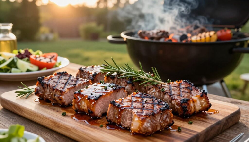 A beautifully grilled platter of karkówki, succulent pork neck steaks marinated overnight, glistening with a rich, caramelized glaze that highlights the smokey flavors. In the foreground, focus on the perfectly seared, juicy meat, garnished with fresh herbs like rosemary and thyme for a pop of color. The middle ground showcases a vibrant, rustic barbecue grill, with glowing, hot coals ready to impart a smoky essence. In the background, a sun-drenched backyard setting, filled with greenery and a hint of finished side dishes like grilled vegetables and salads. The lighting should be warm and inviting, with soft sunset rays illuminating the scene, creating a cozy, relaxed atmosphere perfect for a summer cookout.