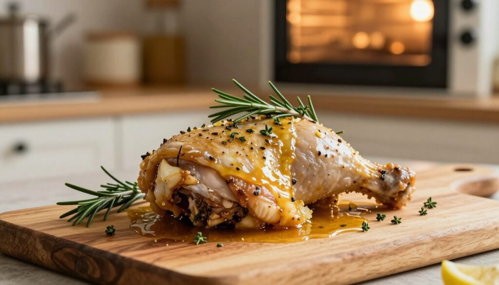 A beautifully marinated chicken leg quarter sits center stage on a rustic wooden cutting board, glistening with a rich, golden marinade that hints at flavors of garlic, lemon, and herbs. The chicken is garnished with fresh sprigs of rosemary and thyme, adding a vibrant green contrast to the savory tones. In the background, a softly blurred kitchen setting reveals a warm oven illuminated with inviting light, enhancing the cozy atmosphere. The scene is captured with a warm, natural light that highlights the juiciness of the meat and the texture of the marinade. Use a shallow depth of field to focus on the chicken while creating a bokeh effect of the rustic kitchenware behind it, evoking a feeling of home-cooked comfort and culinary delight.