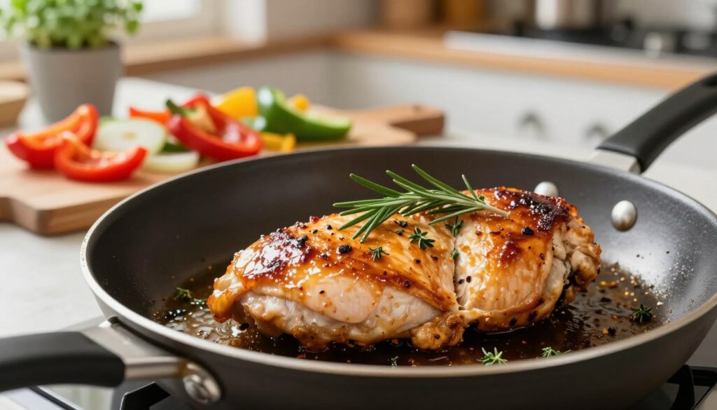A beautifully plated chicken breast sizzling in a well-seasoned frying pan, glistening with a golden-brown crust and garnished with fresh herbs like rosemary and thyme. In the foreground, the focus is on the chicken, highlighting its juicy texture and appealing glaze. In the middle ground, a wooden cutting board displays colorful, chopped vegetables such as bell peppers and onions, their vibrant hues contrasting with the warm tones of the chicken. The background features a softly lit kitchen ambiance, with a hint of an herb planter on the shelf. The scene is illuminated by natural light, creating a warm, inviting atmosphere that evokes a sense of comfort and flavor exploration. The angle is slightly above the plate, offering a mouthwatering view that captures the essence of a flavorful, quick meal. A beautifully plated chicken breast sizzling in a well-seasoned frying pan, glistening with a golden-brown crust and garnished with fresh herbs like rosemary and thyme. In the foreground, the focus is on the chicken, highlighting its juicy texture and appealing glaze. In the middle ground, a wooden cutting board displays colorful, chopped vegetables such as bell peppers and onions, their vibrant hues contrasting with the warm tones of the chicken. The background features a softly lit kitchen ambiance, with a hint of an herb planter on the shelf. The scene is illuminated by natural light, creating a warm, inviting atmosphere that evokes a sense of comfort and flavor exploration. The angle is slightly above the plate, offering a mouthwatering view that captures the essence of a flavorful, quick meal.