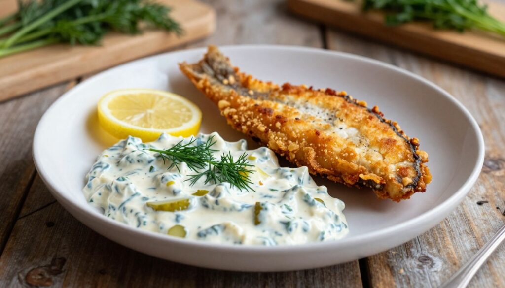 A beautifully plated dish featuring sos tatarski, a creamy Tatar sauce with pickles and herbs, served alongside a golden-brown fried fish fillet. In the foreground, the sos tatarski is presented in an elegant bowl, garnished with fresh dill and a slice of lemon for a pop of color. The middle ground showcases the crispy fish, its texture highlighted by gentle, diffused lighting that creates soft shadows. In the background, a rustic wooden table with subtle kitchen elements, like a cutting board and fresh herbs, adds depth. The atmosphere is warm and inviting, suggesting a comforting home-cooked meal, captured from a slightly elevated angle with a shallow depth of field to emphasize the dish.