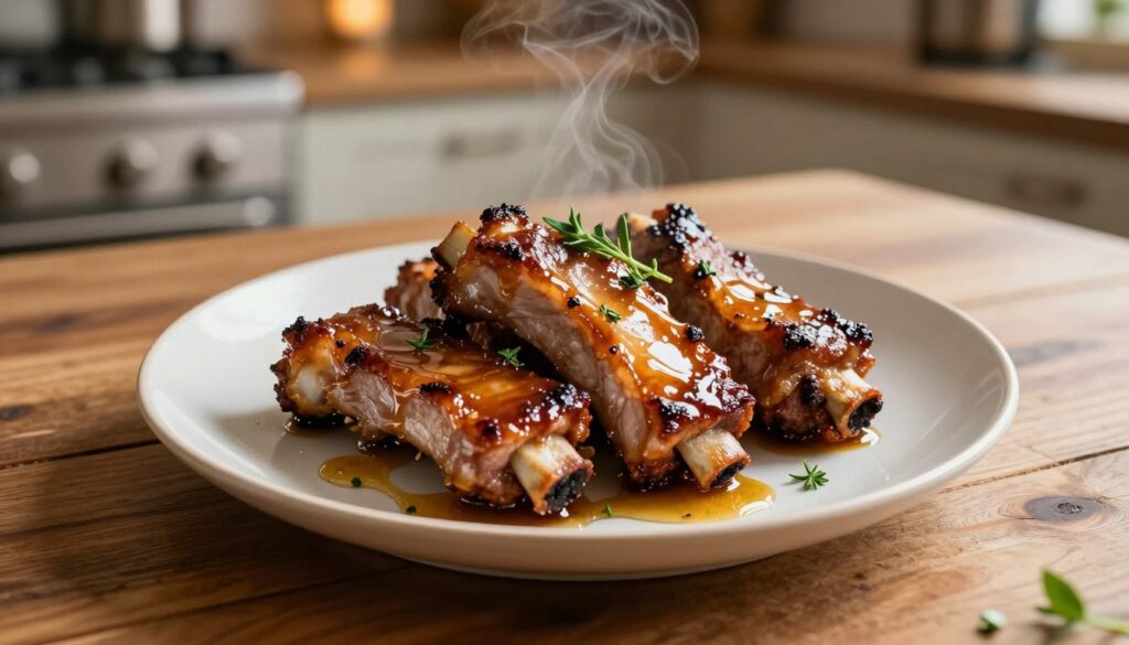 A beautifully plated dish of glazed pork ribs, glistening with a honey marinade that highlights its succulent, tender meat. The ribs are arranged artistically on a rustic wooden table, garnished with fresh herbs and a light drizzle of honey. In the background, a softly lit kitchen setting with subtle hints of warm lighting creates a cozy atmosphere. A hint of steam rises from the ribs, emphasizing their juiciness. The image is captured from a top-down angle, ensuring the mouthwatering details of the dish are prominent. The overall mood is inviting and comforting, evoking a sense of homely warmth and the joy of savoring delicious food.
