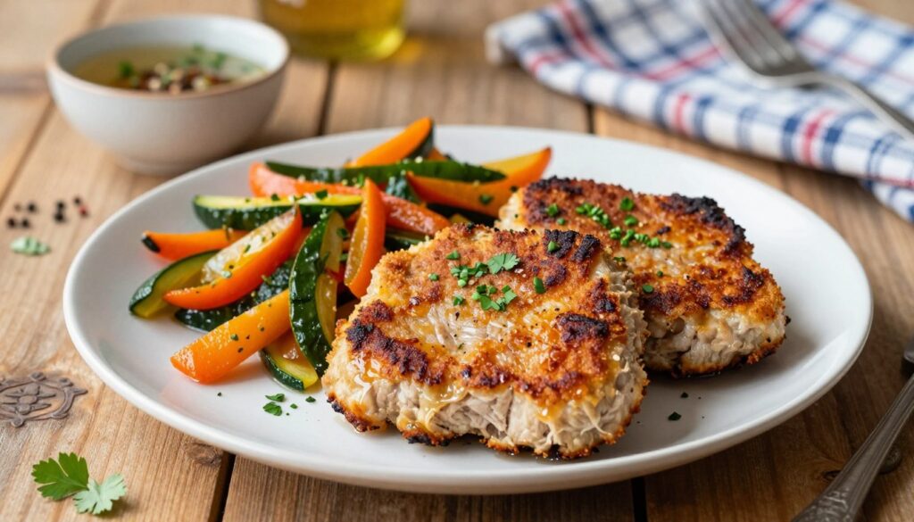 A beautifully plated dish of kotlety schabowe garnished with fresh herbs and accompanied by a side of vibrant, sautéed vegetables. In the foreground, focus on the golden-brown, crispy pork cutlets, showcasing their tender, juicy texture, enhanced by the glistening marinade that hints at their preparation. In the middle ground, a rustic wooden table adds warmth to the scene, while a small bowl of marinade with spices and herbs is visible, suggesting the secret behind the dish's flavor. In the background, soft, natural lighting filters in, creating a cozy, inviting atmosphere, with subtle elements of Polish kitchen decor like a checkered tablecloth. The shot is taken from a slightly elevated angle, emphasizing the dish's appetizing details without any text or additional distractions.