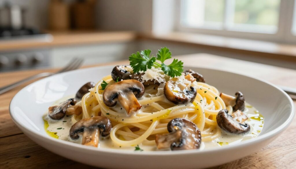 A beautifully plated dish of pasta featuring oyster mushrooms in a creamy, aromatic sauce. The foreground showcases a vibrant, twirling mound of spaghetti topped with sautéed golden and brown oyster mushrooms, glistening with a light sheen of olive oil. In the middle, sprigs of fresh parsley and a sprinkle of parmesan add color and texture. A soft-focus background reveals a rustic kitchen setting with wooden surfaces and natural light streaming in from a nearby window, creating a warm, inviting atmosphere. The image conveys a sense of healthiness and vegetarian appeal, highlighting the nutritious aspects of mushrooms in a comforting, elegant meal. Shot from a slightly elevated angle to enhance the layering of ingredients, with soft, natural lighting for a homely feel.