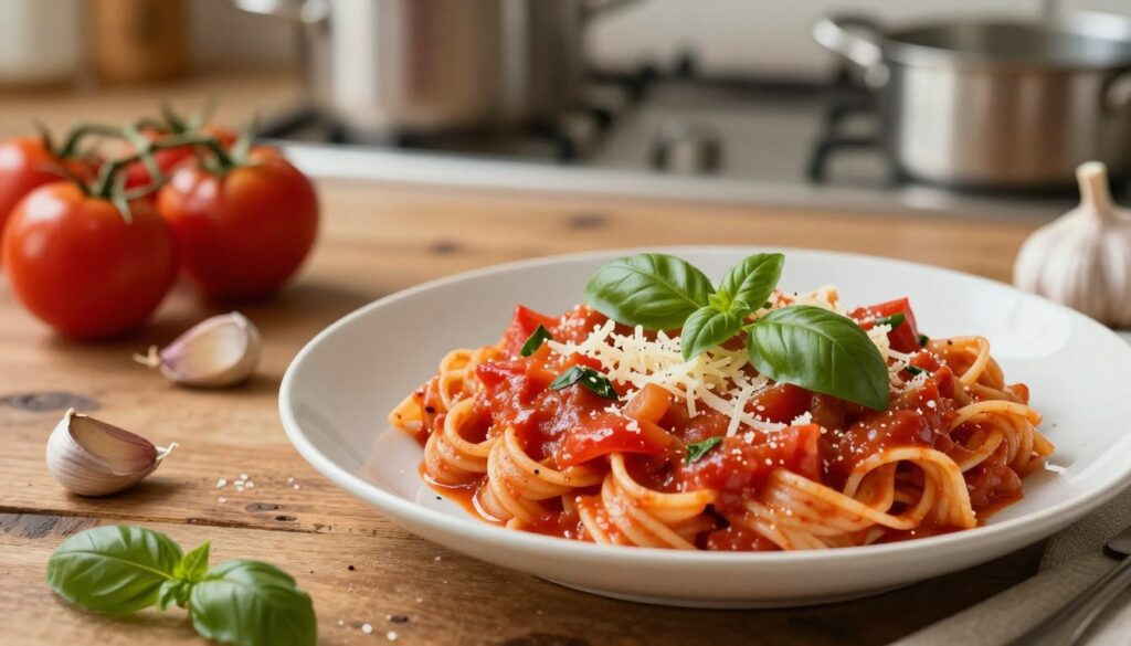 A beautifully plated dish of quick pasta sauce sits enticingly in the foreground, showcasing rich, vibrant colors. The sauce is a mix of tomatoes, basil, and a hint of garlic, glistening under soft, warm lighting that creates an inviting atmosphere. Fresh basil leaves and grated cheese are artfully scattered on top. In the middle ground, a rustic wooden table enhances the homey feel, with scattered ingredients like ripe tomatoes, garlic cloves, and a sprig of basil hinting at the simplicity of preparation. The background features a softly blurred kitchen scene, including pots and pans, evoking a sense of warmth and comfort. The angle captures the dish from a slight overhead perspective, inviting the viewer to savor the moment of a quick yet delicious meal, embodying the essence of a satisfying and effortless dinner.
