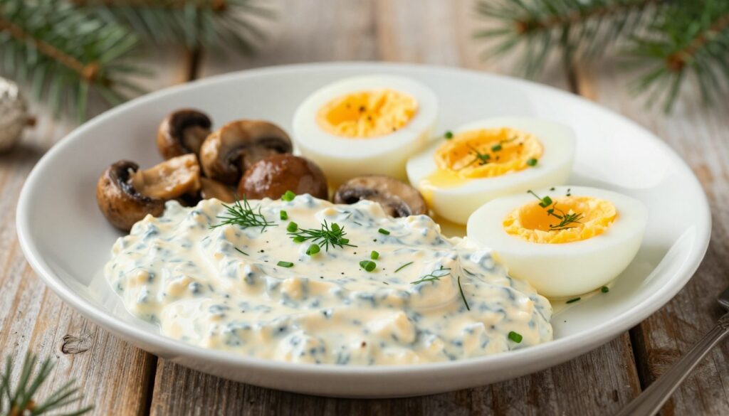 A beautifully plated serving of tartar sauce for eggs with marinated mushrooms, featuring a creamy, textured sauce garnished with chopped fresh herbs, such as dill and chives. The foreground showcases the sauce in an elegant white bowl, prominently displaying its rich, inviting color. In the middle of the image, perfectly boiled eggs, halved and topped with the sauce, are artfully arranged alongside colorful marinated mushrooms, adding depth and interest. The background is softly blurred, highlighting a rustic wooden table setting with subtle seasonal decorations, such as pine branches or small ornaments, creating a warm, festive atmosphere. The lighting is soft and natural, giving a cozy yet sophisticated vibe, perfect for holiday gatherings. The composition emphasizes the culinary classic nature of this dish, evoking a sense of tradition and celebration. A beautifully plated serving of tartar sauce for eggs with marinated mushrooms, featuring a creamy, textured sauce garnished with chopped fresh herbs, such as dill and chives. The foreground showcases the sauce in an elegant white bowl, prominently displaying its rich, inviting color. In the middle of the image, perfectly boiled eggs, halved and topped with the sauce, are artfully arranged alongside colorful marinated mushrooms, adding depth and interest. The background is softly blurred, highlighting a rustic wooden table setting with subtle seasonal decorations, such as pine branches or small ornaments, creating a warm, festive atmosphere. The lighting is soft and natural, giving a cozy yet sophisticated vibe, perfect for holiday gatherings. The composition emphasizes the culinary classic nature of this dish, evoking a sense of tradition and celebration.