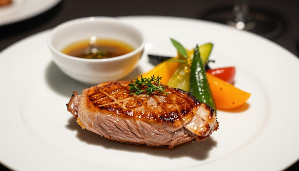 A beautifully presented dish of duck breast, perfectly seared with a golden-brown crust, garnished with vibrant herbs and an array of colorful vegetables artfully arranged on a fine china plate. The foreground features a close-up of the succulent meat, glistening with a flavorful marinade that enhances its rich, elegant texture. In the middle ground, a soft focus on a small bowl of marinade ingredients, like fresh herbs, spices, and citrus zest, showcases the importance of flavor enhancement. The background is softly blurred with hints of a classy dining setting, featuring dim lighting that creates an intimate atmosphere. The scene captures a culinary moment, evoking a sense of sophistication and the art of fine dining.